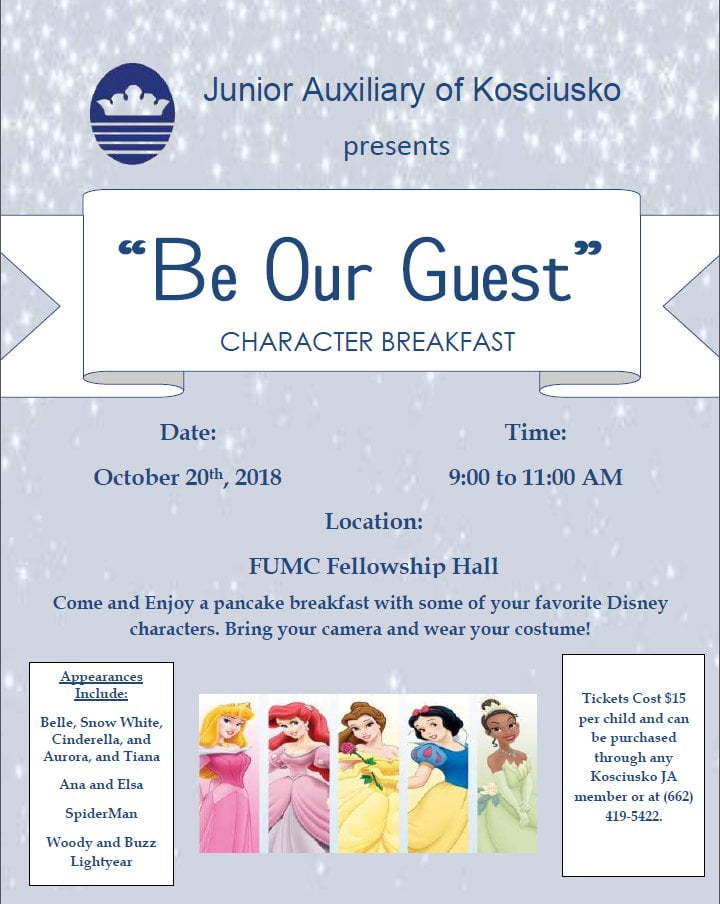 Junior Auxiliary “Be Our Guest” character breakfast set for Oct. 20