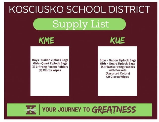 School Supply List: Kosciusko Middle/Upper Elementary