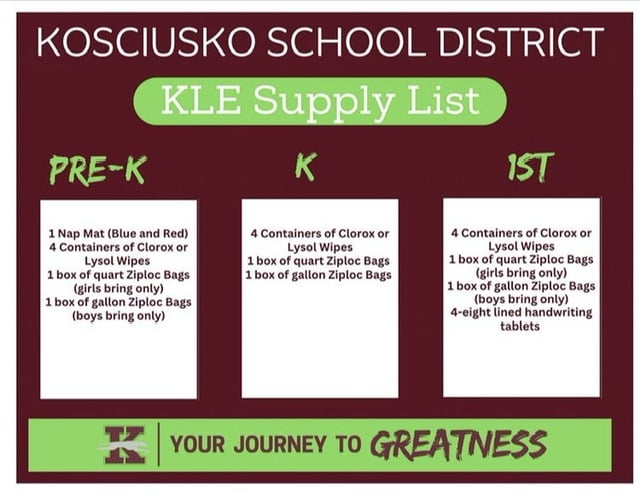 School Supply List: Kosciusko Lower Elementary