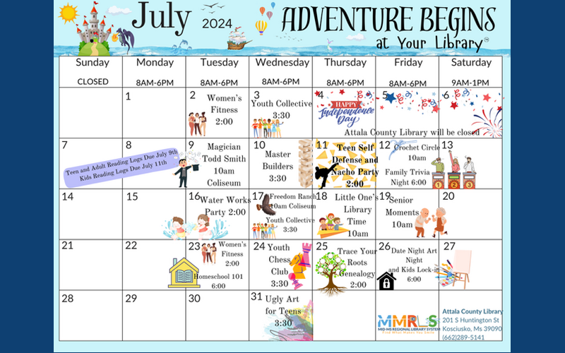 July calendar for the Attala County Library