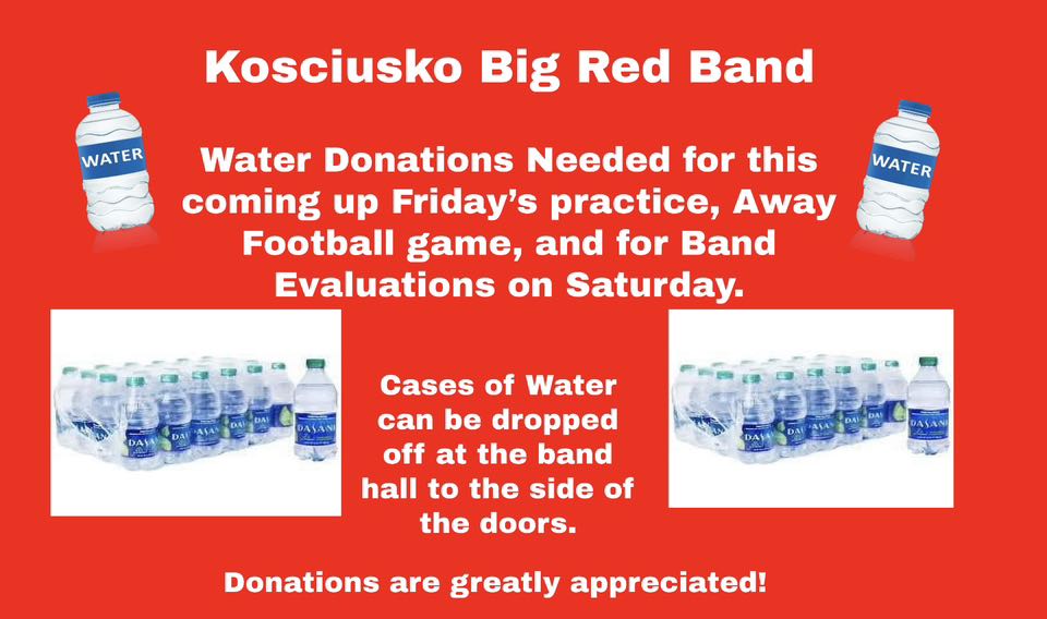 Kosciusko Big Red Band accepting bottled water donations