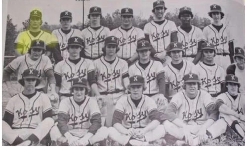Black and white image of the 1974 Kosciusko Whippets State Championship Baseball Team.